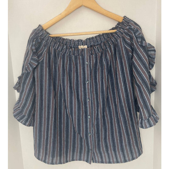 Hem & Thread Blanket Stripe Cold Shoulder Button Top Size Small - Picture 4 of 9
